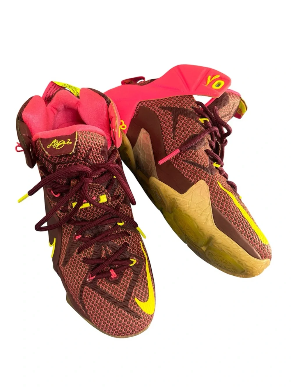 Nike LeBron Maroon and Bright Yellow High-Top Basketball Sneakers Size 9